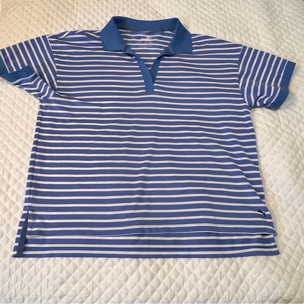 Puma Blue and White Striped Polo Shirt Women's Medium
